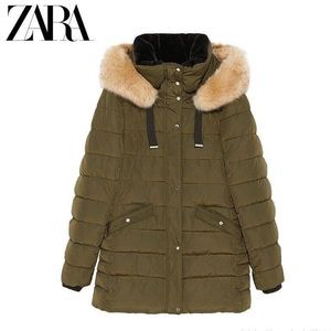 ZARA Trf Army Green Parka Jacket Long Coat with Detachable Hoodie and Fur. Sz S